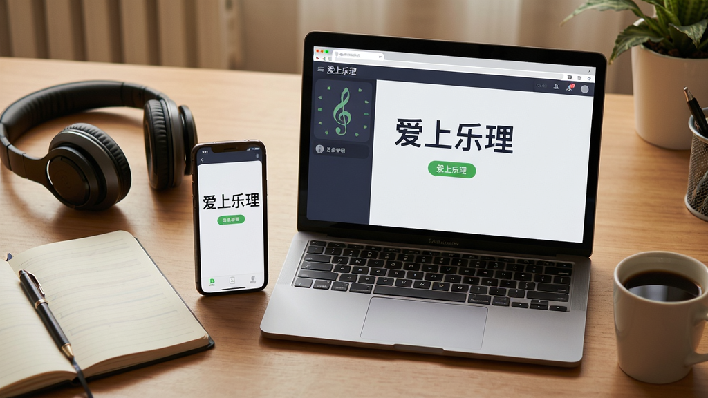 主体:一部手机与一台笔记本电脑并排摆放,屏幕中显示“爱上乐理”的学习界面,周围有耳机、笔记本、咖啡杯;布局:设备居中,学习元素环绕,形成学习场景;排版:画面平衡,突出软件界面;风格:写实摄影风格,暖色调,细节丰富;画质:高清,干净,无多余元素。