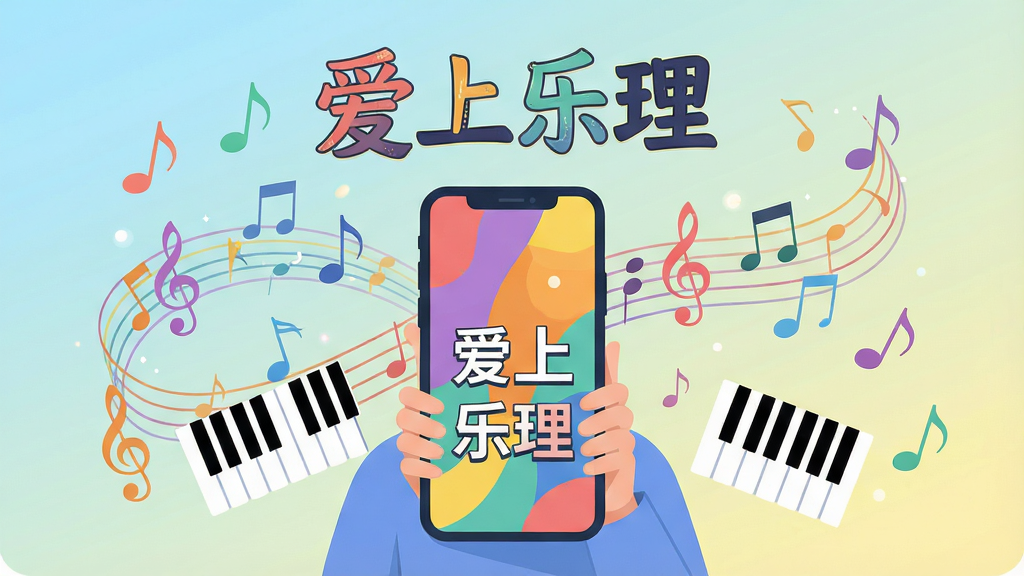 主体:一位年轻人手持手机,屏幕显示“爱上乐理”的彩色界面,周围漂浮着音符、五线谱、钢琴键盘等元素;布局:人物居中,背景为渐变的浅蓝色与淡黄色,音符环绕分布,形成活泼的学习氛围;排版:画面简洁,突出软件界面与音符元素,文字“爱上乐理”以艺术字体置于屏幕上方;风格:扁平化插画风格,色彩明快,细节丰富;画质:高清,干净,无多余元素。