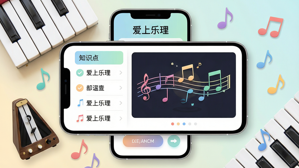 主体:手机屏幕展示“爱上乐理”的互动课堂界面,包含五线谱、音符动画和点击按钮;布局:手机居中,界面元素清晰,周围有钢琴键、节拍器、音符点缀;排版:界面层次分明,左侧为知识点列表,右侧为动态演示区;风格:清新教育风,色彩柔和,界面细节丰富;画质:高清,干净,无多余元素。
