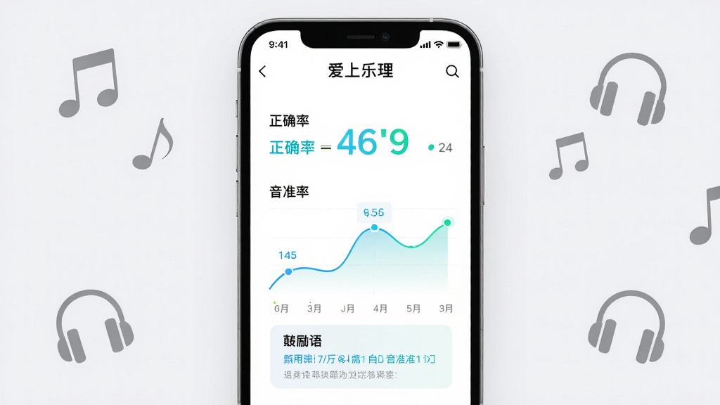 主体:手机界面显示“爱上乐理”的练习结果页,包含正确率、音准曲线和鼓励语;布局:手机居中,背景为淡灰色,四周有音符和耳机图标;排版:数据以图表形式展示,重点数据用彩色高亮;风格:简约科技风,干净清爽;画质:高清,无多余元素。