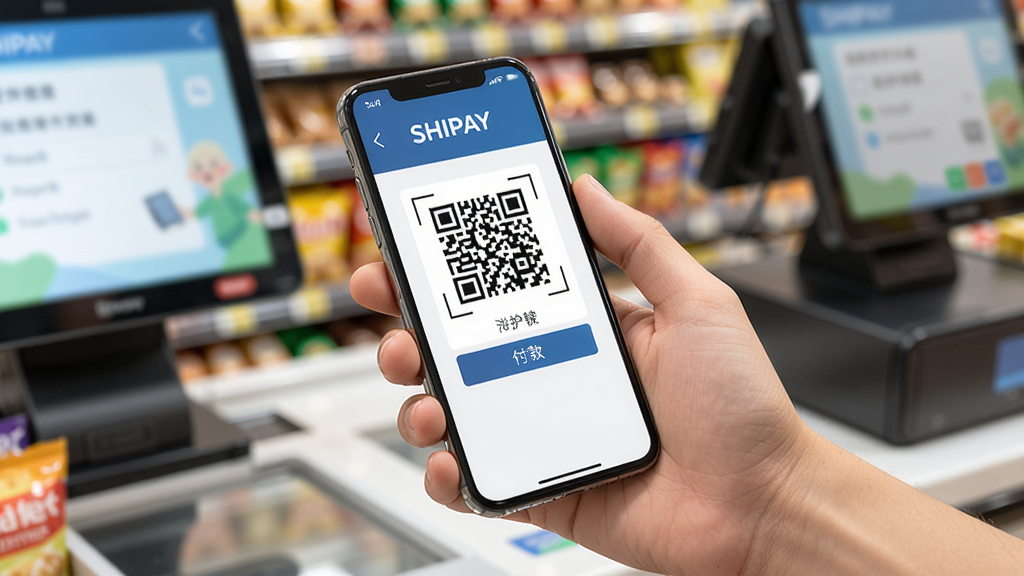չʾSHIPAYһ�����֧������������Ϊ�ֳ��ֻ�����ɨ��֧���Ķ�̬���棬�ֻ���Ļ��ʾSHIPAY�����ά����棬����Ϊģ���ĳ�������̨������ɫ����������ͼͻ���ֻ����ά�룬���дʵ����������ϸ�壬�޶���Ԫ��