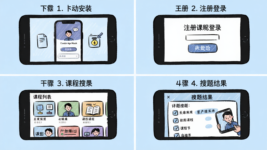 医脉圈App在手机上的安装与使用步骤示意图,画面分为四格,第一格显示下载安装界面,第二格显示注册登录页面,第三格显示课程列表,第四格显示搜题结果,整体为手绘风格插画,背景浅蓝色,干净无多余元素,画质清晰
