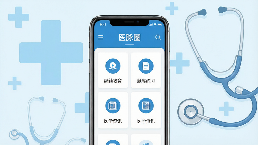 一张展示医脉圈软件核心功能的预览图,画面中央为手机屏幕,屏幕内显示医脉圈主界面,包含“继续教育”、“题库练习”、“医学资讯”等模块图标,背景为淡蓝色医疗十字与听诊器元素,整体风格简洁现代,UI设计清晰,色彩以蓝白为主,干净无多余元素,画质高清