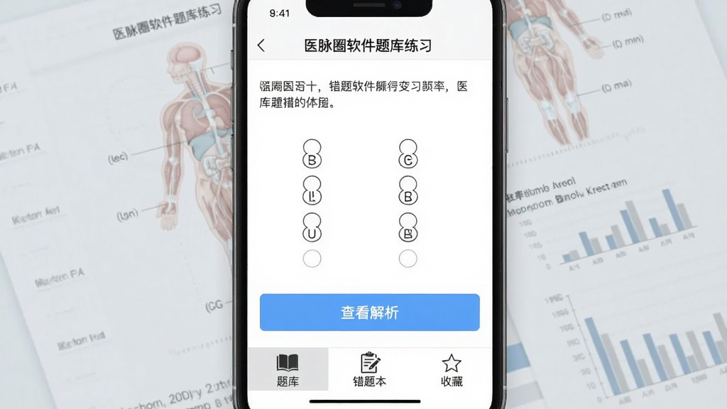 医脉圈软件题库练习界面截图,手机屏幕中显示一道医学选择题,下方有“查看解析”按钮,界面底部有“题库”、“错题本”、“收藏”等标签,背景为浅灰色医学图表,整体布局规整,风格简洁,文字清晰,画质干净无多余元素