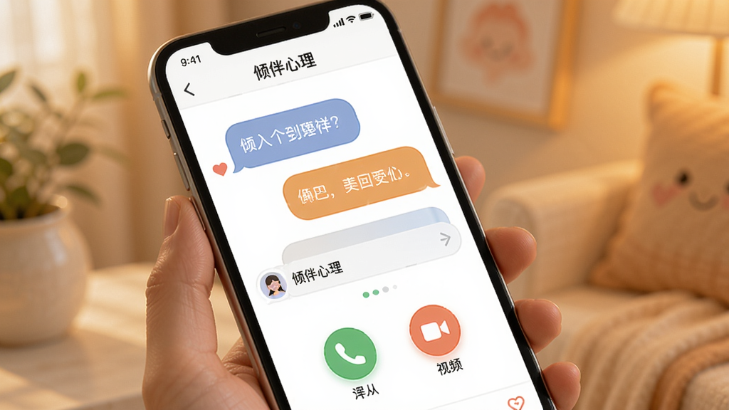 一张展示“倾伴心理”应用咨询界面的图片,手机屏幕上有文字对话气泡、语音通话和视频通话的图标选项,背景温馨,色彩温暖,界面友好,整体风格现代,画质清晰,干净,无多余元素