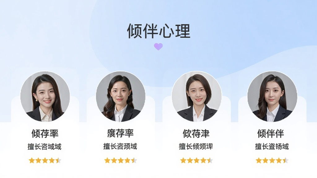 一张展示“倾伴心理”应用界面的手机截图,屏幕上有几位咨询师的头像、姓名、擅长领域和评分,界面布局清晰,色彩柔和,背景为淡蓝色渐变,整体风格简洁专业,画质干净,无多余元素