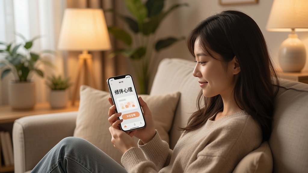 一张温暖、宁静的室内场景图片,一位年轻女性坐在舒适的沙发上,手持手机,屏幕上显示“倾伴心理”应用界面,界面简洁友好,有“开始咨询”按钮,周围有绿色植物和柔和灯光,整体氛围安心、放松,画质清晰,干净,无多余元素