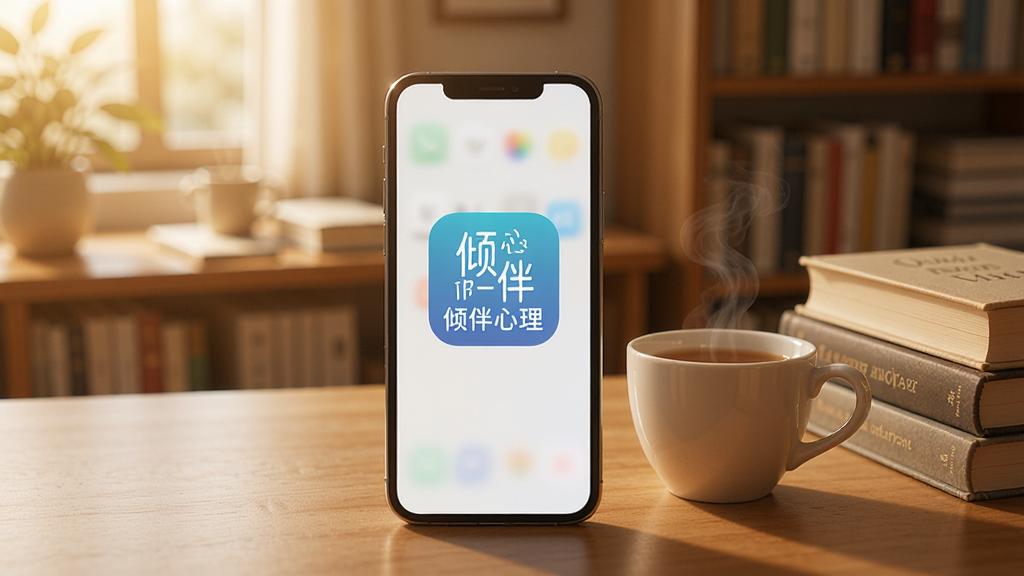 一张展示“倾伴心理”应用在手机桌面上图标的图片,手机旁边有一杯热茶和几本书,背景是温馨的书房,光线柔和,整体氛围宁静舒适,画质清晰,干净,无多余元素