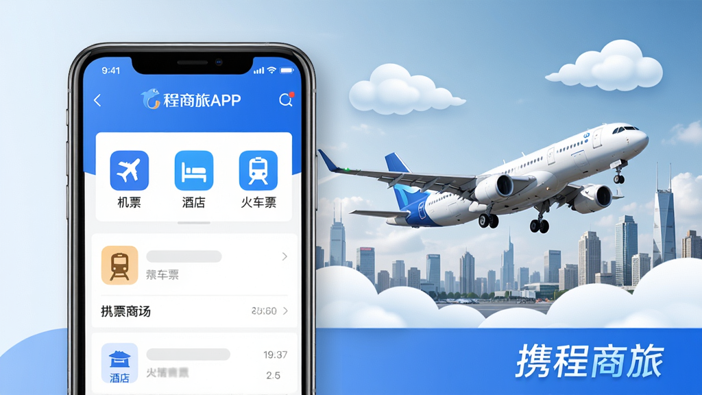 ���壺Я������APP������������г����ĺϳ�ͼ�����֣����Ϊ�ֻ���ĻչʾAPP�����棬�Ҳ�Ϊ�ɻ���ɵ����񳡾�������Ϊ��������ߡ��Ű棺�ֻ���Ļ����ƫ���Ҳ����״������ƶ�ͷɻ����ײ��С�Я�����á�����������ִ�����磬ɫ������ɫ�Ͱ�ɫΪ������������ϸ�ڣ��ֻ���Ļ����ʾ����Ʊ�������Ƶꡱ������Ʊ����ͼ�꣬�������������ʣ�������Ⱦ���ɾ��޶���Ԫ�ء�