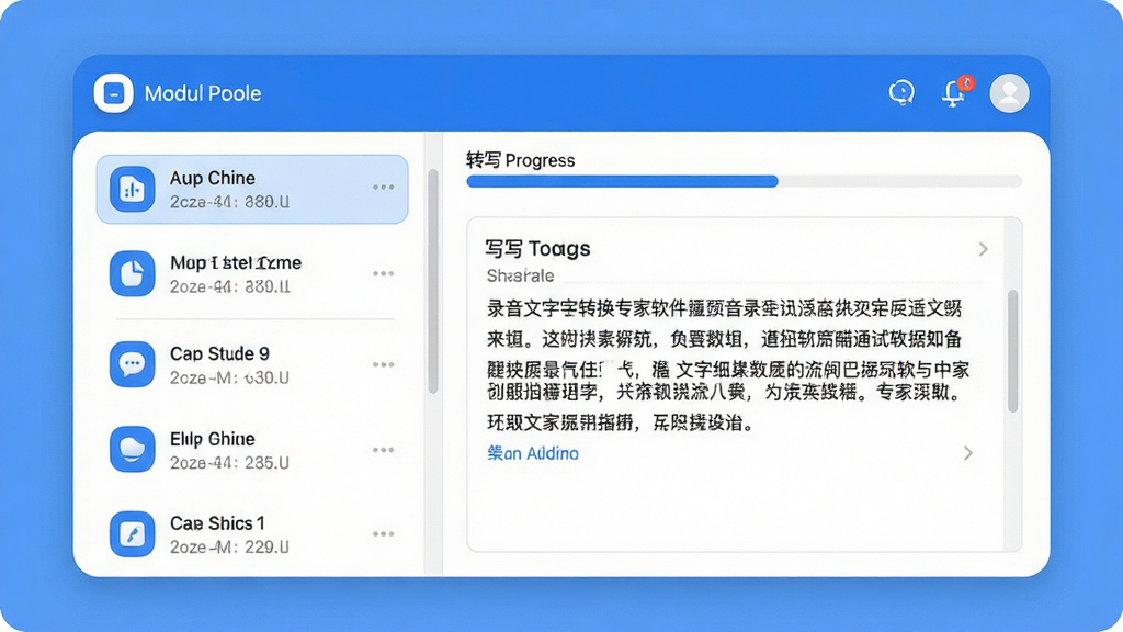 录音文字转换专家软件主界面预览图,展示录音文件列表、转写进度条与文字结果对照区域,界面清爽简洁,采用蓝白配色,图标圆润,文字清晰,画质干净,无多余元素