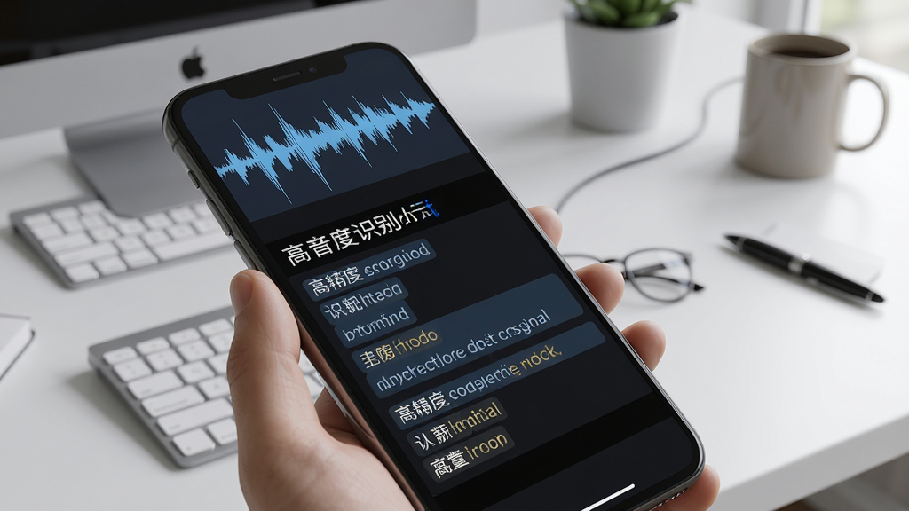 录音文字转换专家高精度识别功能示意图,画面展示手机屏幕上的音频波形与逐字识别文字同步高亮,背景为简约办公桌面,风格写实,细节丰富,画质干净,无多余元素