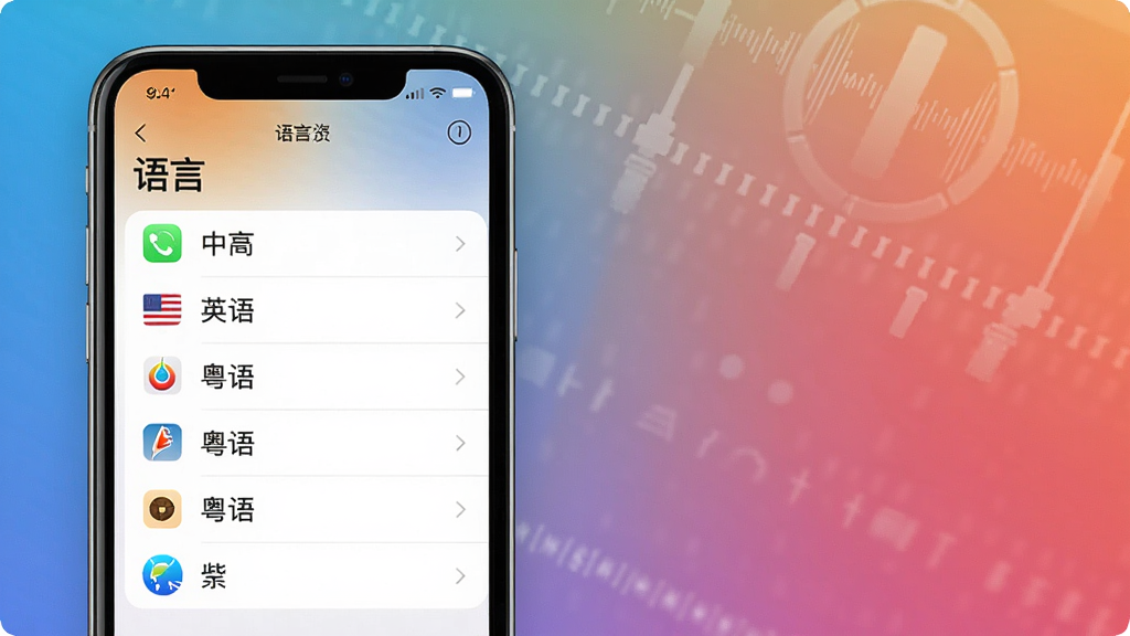 录音文字转换专家多语言切换功能展示,手机设置界面显示语言列表,包含中文、英语、粤语等选项,背景为渐变色,界面简洁,图标清晰,画质干净,无多余元素