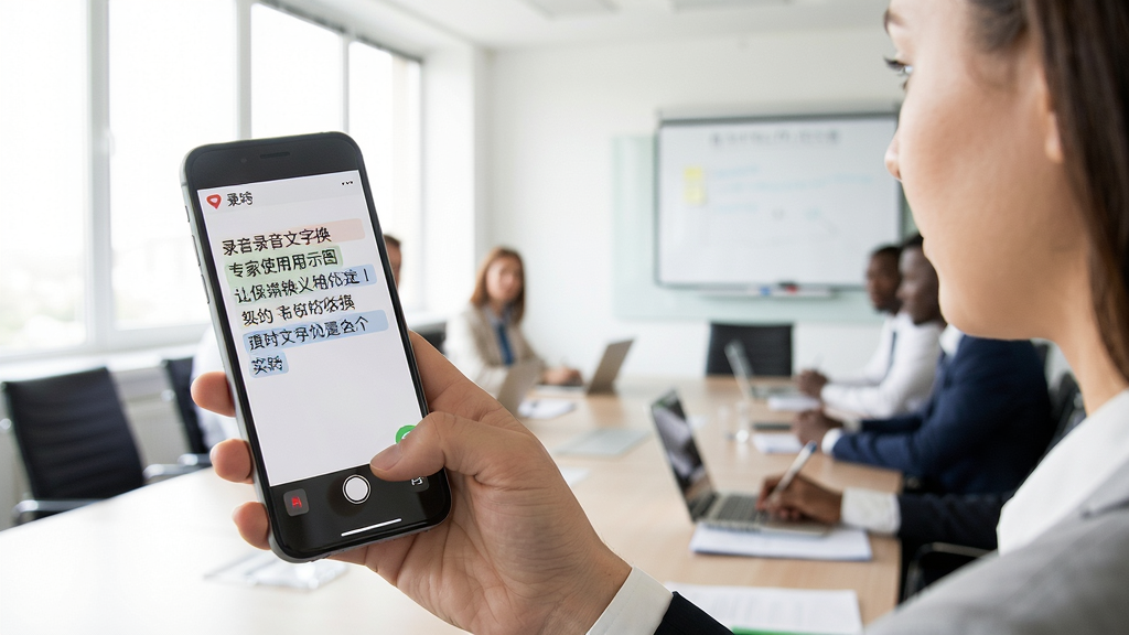 录音文字转换专家使用场景示意图,用户手持手机正在录制会议,屏幕显示实时转写文字,背景为会议室,光线充足,构图自然,风格写实,画质干净,无多余元素