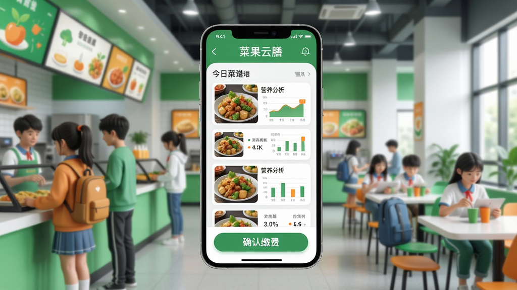 主体:一个充满科技感的智慧校园食堂场景,中央悬浮着手机界面展示“菜果云膳”APP的今日菜谱与营养分析。布局:手机界面为视觉中心,背景是模糊处理的明亮食堂,有学生正在取餐。排版:手机界面清晰展示“菜果云膳”四个字和菜品列表,界面下方有“确认缴费”按钮。风格:扁平化结合轻微3D效果,色彩明快,以绿色和橙色为主色调。细节:手机界面上的菜品图片逼真,营养数据图表清晰可见,背景中的食堂干净整洁。画质:4K高清,渲染精细,干净,无多余元素。