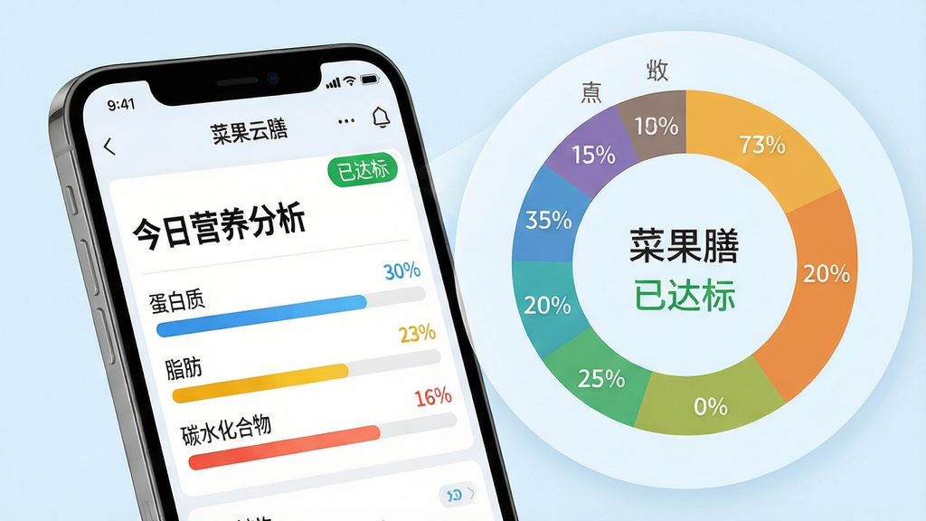 主体:手机屏幕特写,显示“菜果云膳”APP的营养分析报告页面。布局:手机位于画面左侧,右侧悬浮着放大的营养元素占比环形图。排版:报告页面中“今日营养分析”标题醒目,下方有蛋白质、脂肪、碳水化合物的彩色进度条。风格:简洁的医疗健康风格,背景为淡雅的浅蓝色。细节:环形图上标注了具体的百分比数值,手机界面有“已达标”的绿色标签。画质:高清细腻,色彩准确,干净,无多余元素。