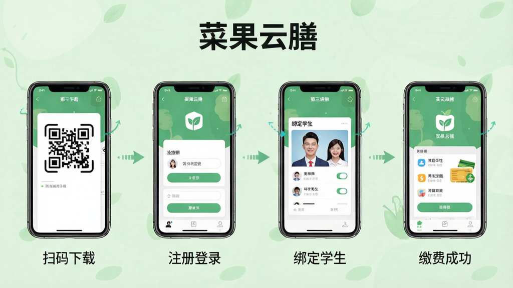 主体:一张长图教程,展示手机安装“菜果云膳”APP的步骤流程图。布局:流程图从左到右分为四步,第一步扫码下载,第二步注册登录,第三步绑定学生,第四步缴费成功。排版:每一步骤下方有简短的文字说明,整体采用竖向信息图设计。风格:清新简约的插画风格,配以淡绿色背景。细节:每一步骤的图标绘制精细,界面元素与真实APP相似。画质:高分辨率,排版整齐,干净,无多余元素。