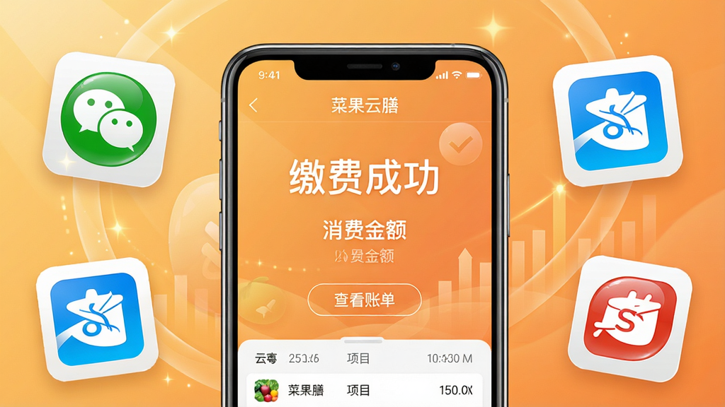 主体:一部智能手机展示“菜果云膳”的缴费成功页面,旁边有模拟的微信和支付宝支付图标。布局:手机居中,支付图标环绕在手机周围呈弧形排列。排版:手机屏幕上显示“缴费成功”四个大字和消费金额,下方有“查看账单”按钮。风格:商务金融风格,背景采用渐变暖色调。细节:支付图标带有光泽质感,账单列表清晰显示时间与项目。画质:光影效果真实,界面干净,无多余元素。