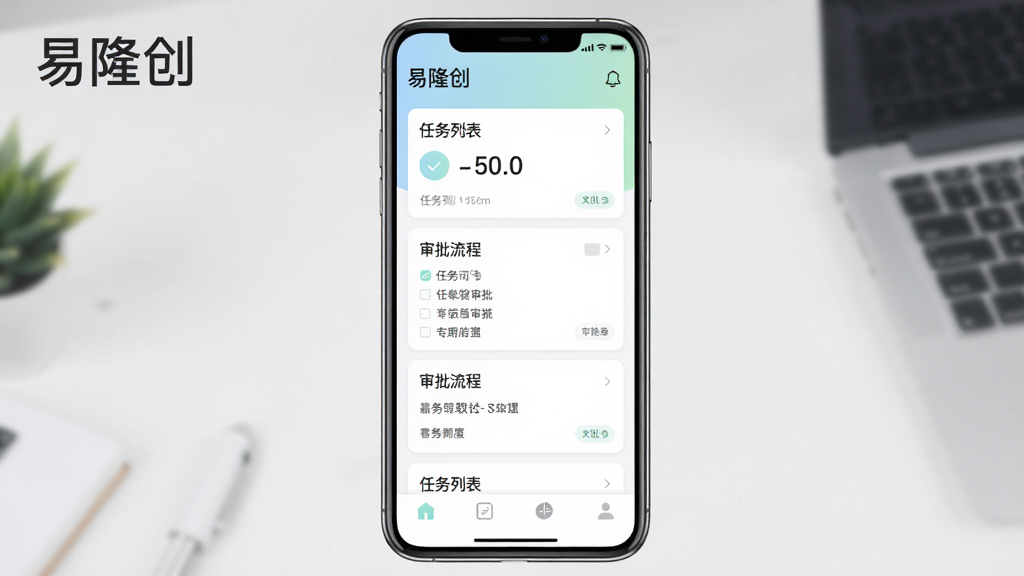 主体:易隆创软件在手机上的运行界面,展示任务列表和审批流程;布局:手机竖屏展示,背景为简洁的桌面;排版:任务卡片排列整齐,底部有导航栏;风格:清新商务风,色彩柔和;细节:屏幕左上角显示“易隆创”字样,界面元素清晰;画质:高清,干净,无多余元素。