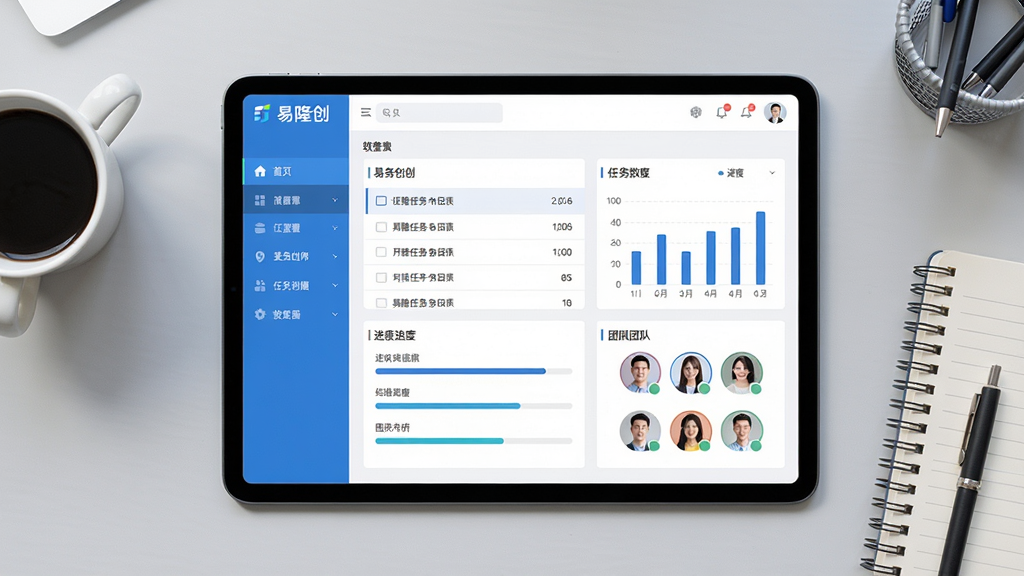 主体:易隆创软件主界面展示,一块平板电脑上显示易隆创的仪表盘,包含任务列表、进度条和团队头像;布局:平板居中,背景为浅灰色办公桌,周围有咖啡杯和笔记本;排版:界面清晰,左侧为导航栏,右侧为数据图表;风格:现代扁平化,色彩以蓝色和白色为主,细节:屏幕内容显示“易隆创”字样,图表数据清晰可见;画质:高清,干净,无多余元素。