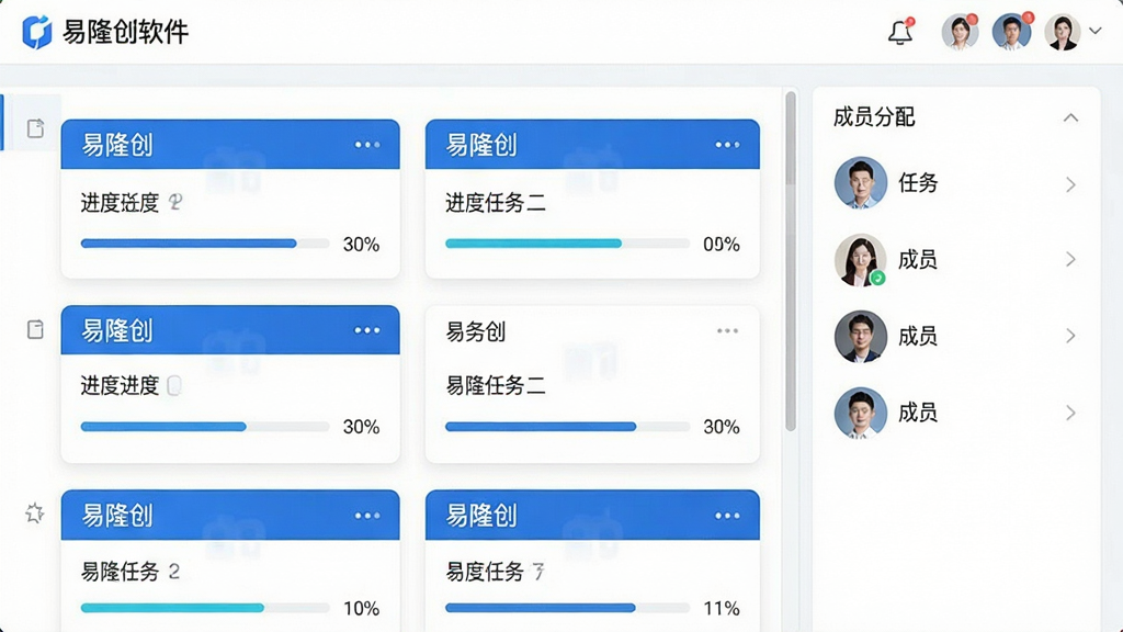 主体:易隆创软件的智能任务分配界面截图,显示任务卡片和成员头像;布局:左侧为任务列表,右侧为成员分配面板;排版:卡片式布局,信息层级分明;风格:简约商务风,主色调为蓝色与白色;细节:任务卡片上标有“易隆创”字样,进度条清晰可见;画质:高清,干净,无多余元素。