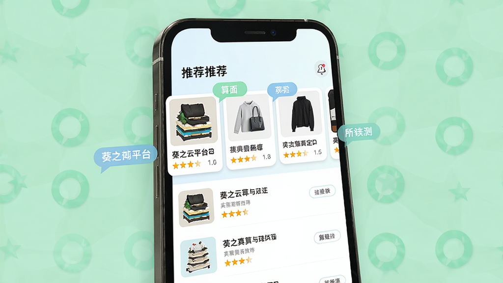 葵之云平台智能推荐界面示意图,主体为手机界面展示个性化推荐列表,包含商品图片与评分,布局从上到下依次为推荐标题、横向滑动卡片与纵向列表,风格清新,细节突出算法标签,画质高清干净,无多余元素