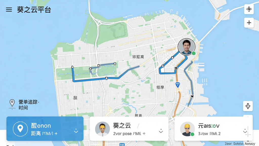 葵之云平台订单追踪地图界面,主体为地图背景,显示配送员头像与移动轨迹线,布局以地图为中心,底部为订单状态卡片,风格实用清晰,细节包括距离与时间标注,画质高清干净,无多余元素