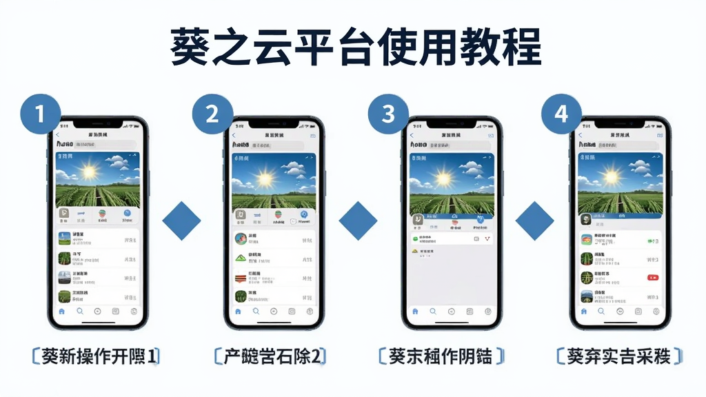 葵之云平台使用教程步骤图,主体为分步操作示意图,每个步骤以数字圆圈标识,配合手机界面截图,布局从左到右依次排列,风格教育感强,细节包括箭头引导与文字说明,画质清晰干净,无多余元素