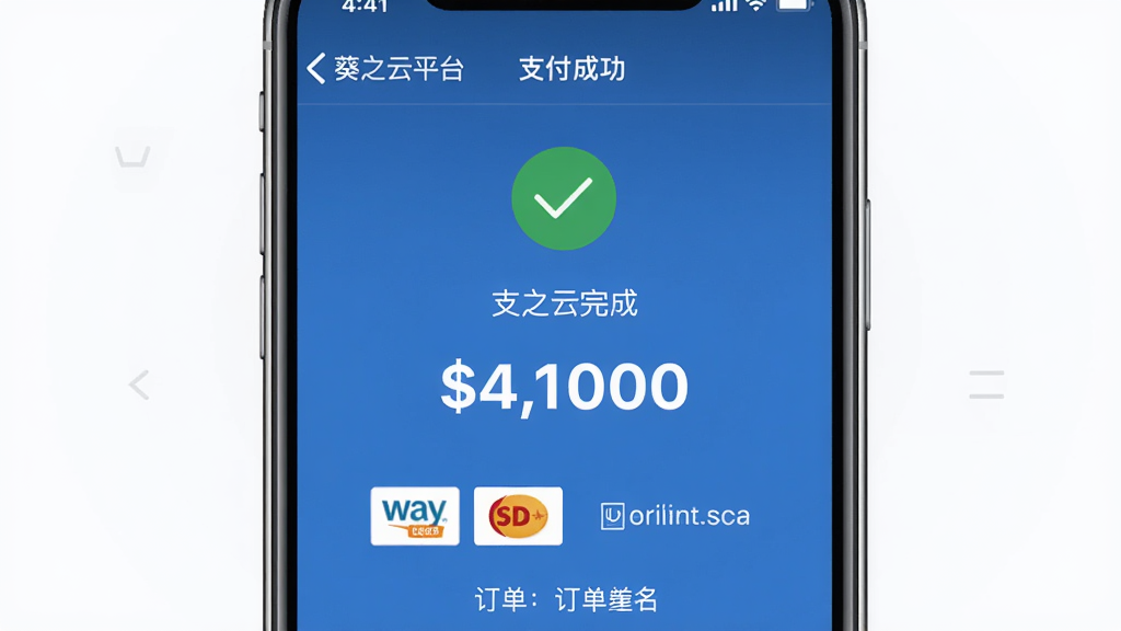 葵之云平台支付成功界面截图,主体为手机屏幕显示支付完成状态,对勾图标与金额数字醒目,布局居中对称,风格商务简洁,细节包括支付方式logo与订单编号,画质高清干净,无多余元素