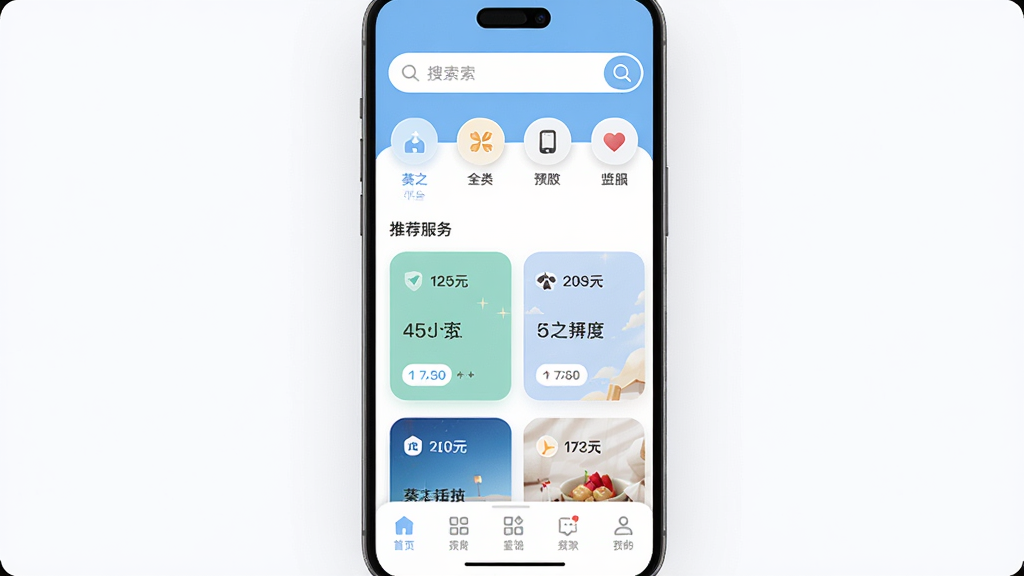 葵之云平台主界面预览图,展示首页功能模块与清新配色,主体为手机屏幕截图布局,上方显示搜索栏与分类图标,中部为推荐服务卡片,下方为底部导航栏,排版整洁,风格简约现代,细节包括图标圆角与阴影效果,画质高清干净,无多余元素