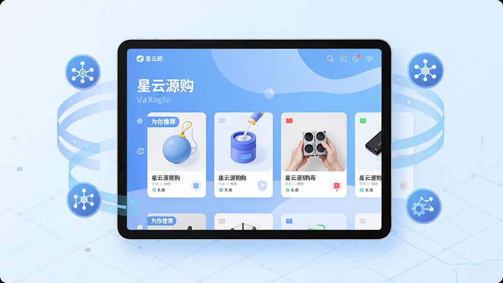 主体:一台平板电脑展示“星云源购”智能推荐页面,页面中商品卡片带有“为你推荐”标签,周围环绕数据流与算法示意图标。布局:平板电脑居中,背景为淡蓝色科技感网格。排版:推荐商品以横向滑动卡片呈现,界面简洁。风格:科技感插画风,色彩清新,线条流畅,画质高清,无多余元素。
