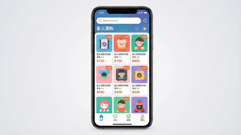 主体:一部智能手机屏幕显示“星云源购”购物应用主界面,界面布局清晰,商品瀑布流展示丰富商品,顶部搜索栏与底部导航栏功能明确。布局:手机居中,界面元素完整,背景为柔和的浅灰色渐变,营造专业电商氛围。排版:手机屏幕内商品卡片整齐排列,色彩鲜艳,价格标签醒目。风格:现代扁平化设计,色彩明亮,细节丰富,画质高清,干净无多余元素。