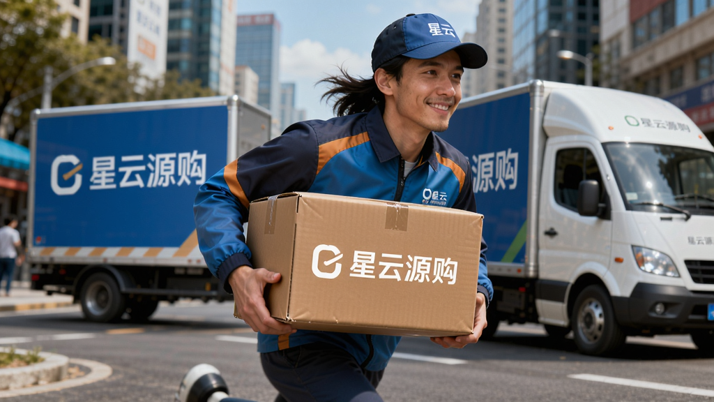 主体:快递员手持包裹奔跑在城市街道,背景有“星云源购”品牌标识的配送车辆,包裹上印有“星云源购”字样。布局:快递员位于画面中央,动感十足。排版:背景虚化,突出快递员与包裹。风格:活力写实风,色彩明快,细节到位,画质干净。