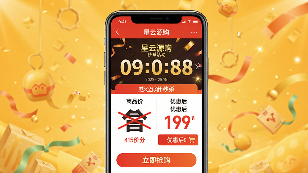 主体:手机屏幕显示“星云源购”秒杀活动页面,倒计时数字醒目,商品价格被红色划线与优惠后价格对比,下方有“立即抢购”按钮。布局:手机居中,背景为暖黄色促销氛围。排版:活动信息层级分明,价格对比强烈。风格:电商促销风格,色彩热烈,元素丰富,画质干净。