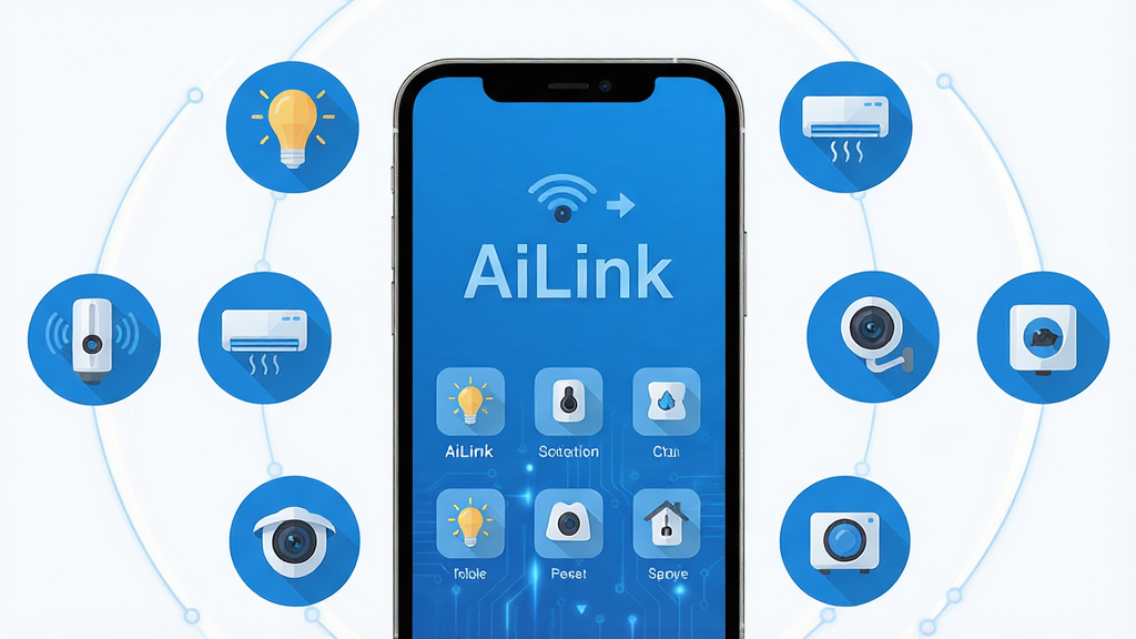主体:一部智能手机屏幕显示AiLink主界面,周围环绕着智能家居设备图标;布局:手机居中,图标呈圆形环绕;排版:界面清爽,功能图标排列整齐;风格:现代科技感,扁平化设计,蓝色主色调;细节:屏幕上显示“AiLink”字样,设备图标包括灯光、空调、摄像头等;画质:高清渲染,干净无多余元素