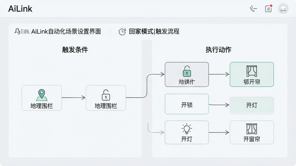 主体:AiLink自动化场景设置界面,展示“回家模式”触发流程;布局:流程图形式,左侧为触发条件,右侧为执行动作;排版:逻辑清晰,箭头连接;风格:简约线条风,浅色背景;细节:界面顶部有“AiLink”字样,触发条件为“地理围栏”,动作包括开锁、开灯、开窗帘;画质:干净整洁,无多余元素