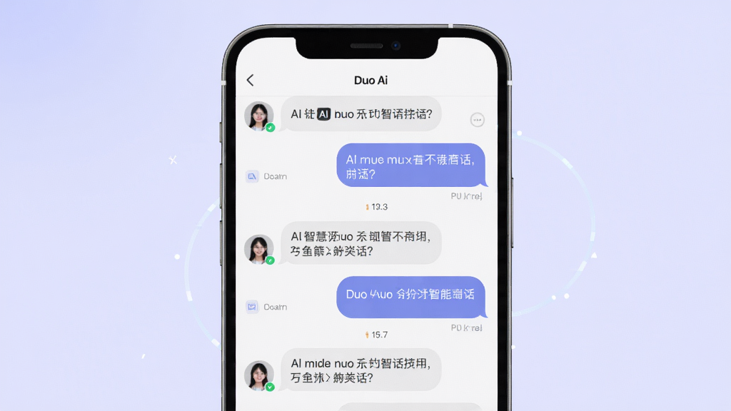 展示Duo Ai智能对话功能的预览图,主体为手机屏幕上的多轮对话记录,包括用户提问和AI回复,背景为淡紫色渐变,对话气泡样式清晰,界面风格简约时尚,突出AI的智慧感,画质细腻,无多余元素