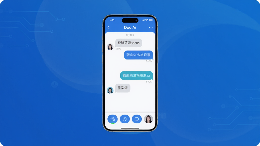 一张展示Duo Ai应用主界面的高清宣传图,主体为手机屏幕中的AI对话界面,背景为渐变色科技蓝,界面简洁现代,包含对话气泡、快捷功能按钮,整体风格干净明亮,突出智能助手主题,排版居中,画质清晰,无多余元素