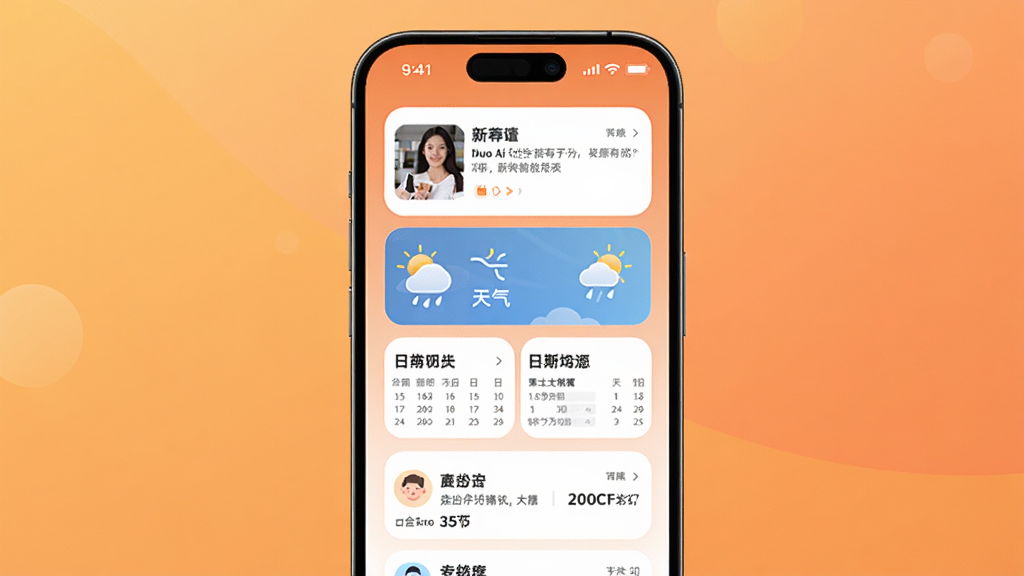 展示Duo Ai个性化推荐功能的界面,主体为手机屏幕上的推荐卡片列表,包括新闻、天气、日程等,背景为暖色调渐变,卡片设计圆润,布局整齐,风格清新,突出智能推荐的贴心感,画质干净,无多余元素