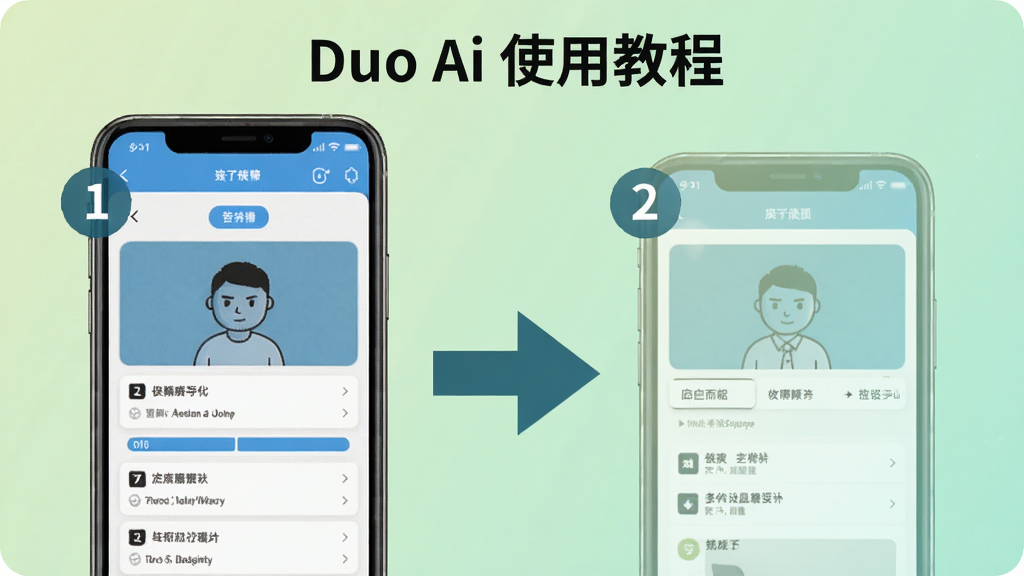 展示Duo Ai使用教程的示意图,主体为手机界面上的操作步骤指示,背景为淡绿色渐变,步骤序号清晰,界面简洁直观,风格教育性,突出引导性,画质干净,无多余元素