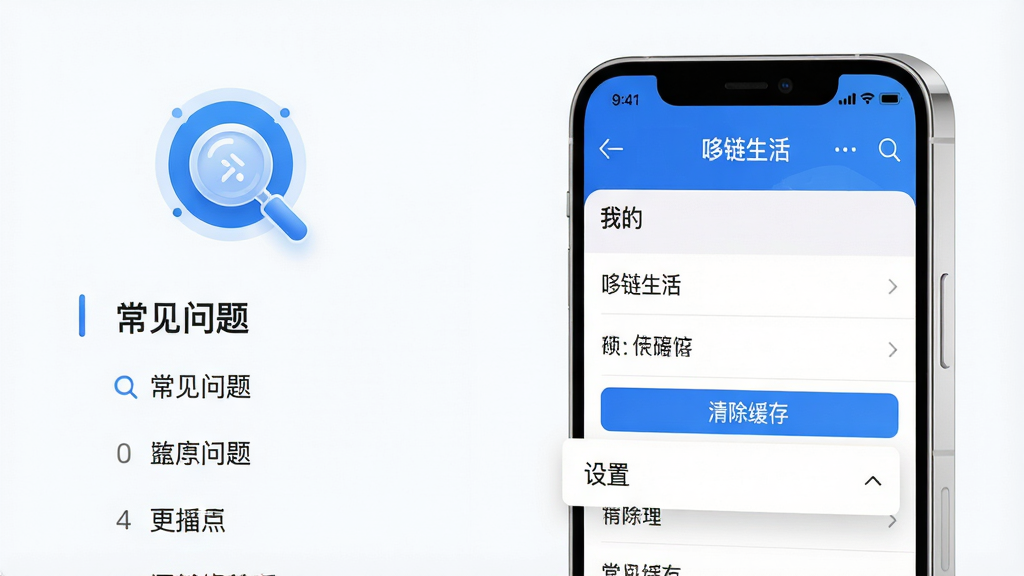 画面主体为一部手机,屏幕显示“哆链生活”的“我的”页面,下方有“设置”菜单展开。布局采用侧面视角,手机置于画面右侧,左侧有放大镜图标和“常见问题”列表。排版简洁,菜单项分行清晰。风格清爽,白色背景配以蓝色点缀。细节包括屏幕上的“清除缓存”按钮高亮。画质高清,干净无多余元素。