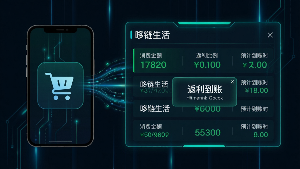 画面主体为一块发光的数据面板,面板上显示“哆链生活”的返利明细,包括消费金额、返利比例和预计到账时间。布局采用左右结构,左侧是手机端购物车图标,右侧是数据面板。排版以列表形式展示,数字用绿色突出。风格科技感,深色背景配以蓝绿色线条。细节包括数据流动的光效和“返利到账”的提示弹窗。画质清晰,干净无多余元素。