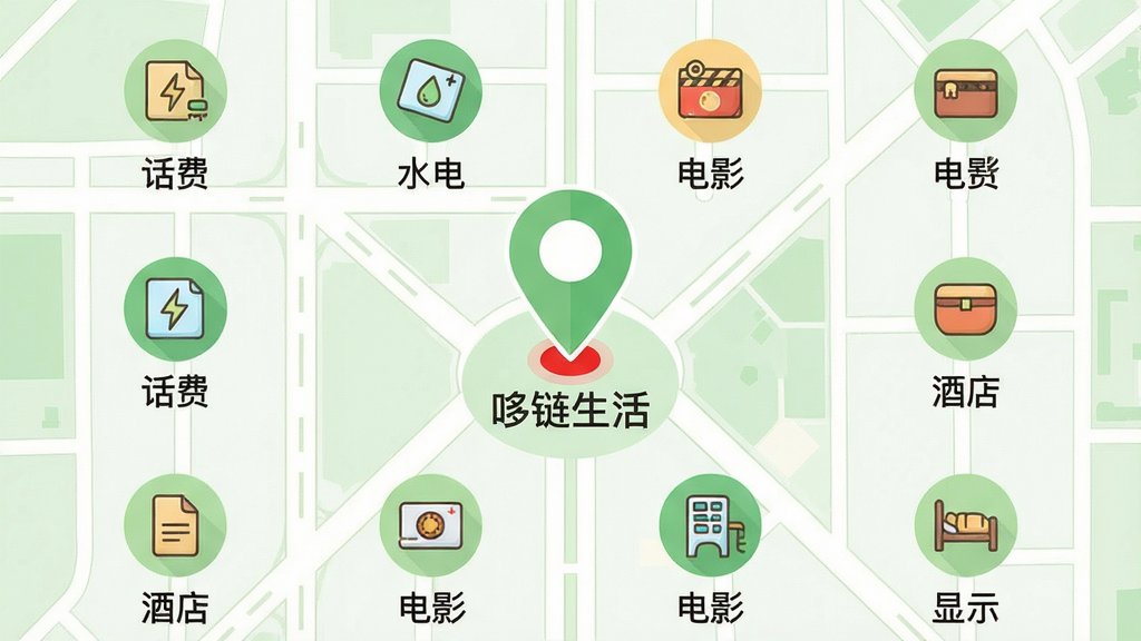 画面主体为一张城市生活服务地图,地图上标有“哆链生活”的定位图标,周围分布着话费、水电、电影、酒店等小图标。布局采用俯视图,地图占据大部分画面。排版采用网格布局,每个图标下方有文字说明。风格清新,浅绿色和白色为主。细节包括地图上的道路线条和定位红点。画质细腻,干净无多余元素。