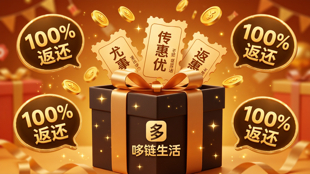 画面主体为一个大礼盒,礼盒上印有“哆链生活”的Logo,礼盒打开后飞出多张优惠券和金币。布局采用中心构图,礼盒位于画面中央,周围环绕着“100%返还”的文字气泡。排版简洁,文字用金色粗体。风格喜庆,暖色调背景。细节包括礼盒上的绸带和闪烁的星光效果。画质高清,干净无多余元素。
