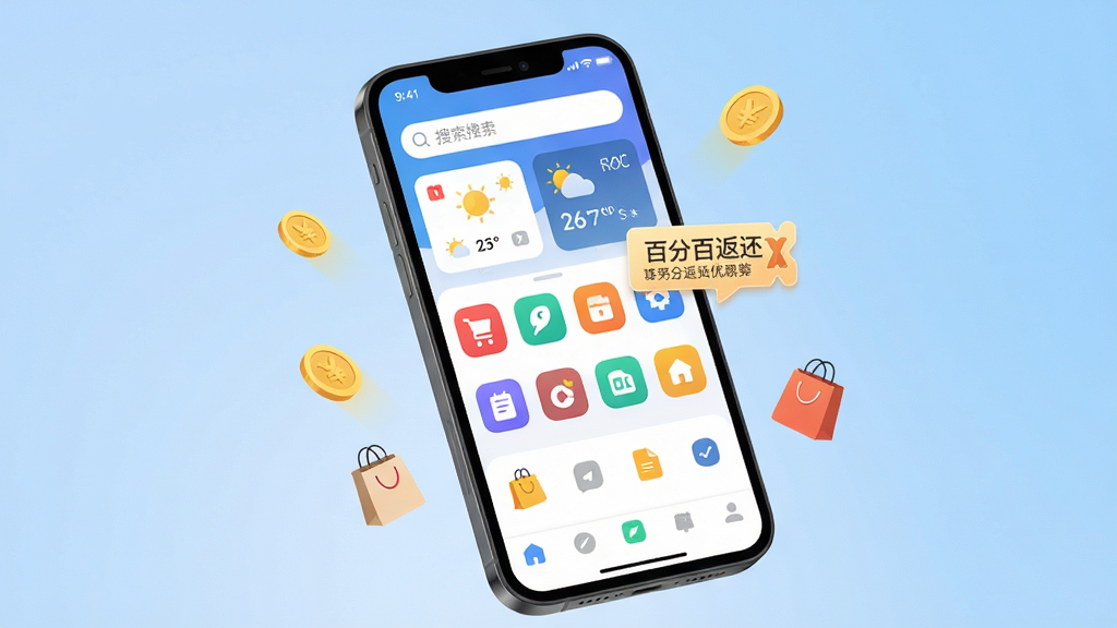 画面主体为一部智能手机屏幕,屏幕内显示“哆链生活”APP主界面,界面顶部有搜索栏和天气卡片,中部是多彩功能图标排列,底部有导航栏。布局采用居中构图,手机微微倾斜,背景是柔和的渐变蓝色。排版清晰,图标大小一致,间距均匀。风格现代简约,扁平化设计,色彩明亮活泼。细节包括屏幕上的“百分百返还”优惠券气泡,以及周围漂浮着金币和购物袋小元素。画质高清,干净无多余元素。