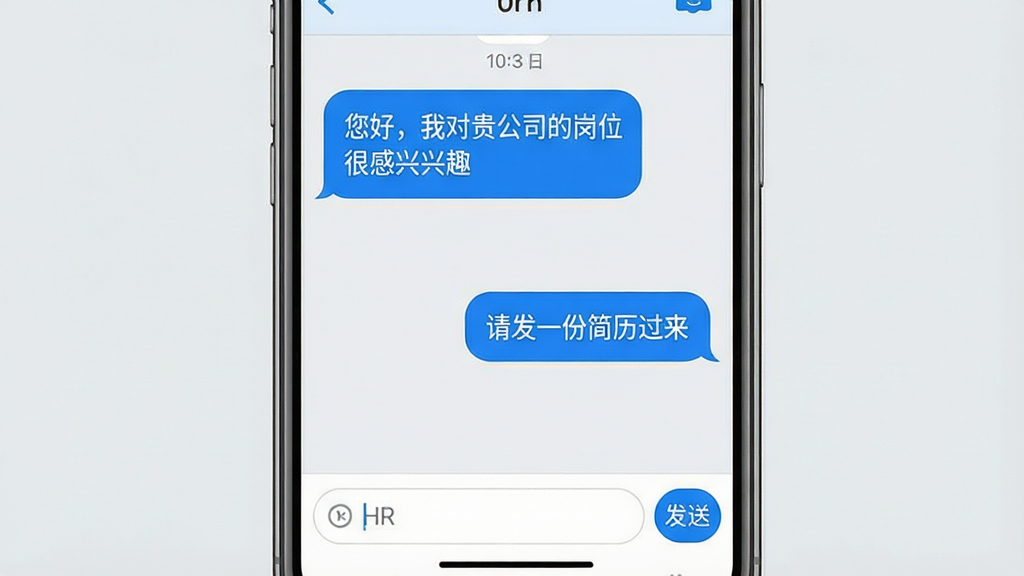 主体:手机聊天界面截图,显示求职者与HR的对话气泡,对话内容为“您好,我对贵公司的岗位很感兴趣”,“请发一份简历过来”。布局:手机屏幕居中,背景为浅灰色,突出聊天界面。排版:对话气泡左对齐和右对齐,底部有输入框和发送按钮。风格:简洁商务风,界面干净,色彩以蓝白为主。画质:高清,无多余元素。