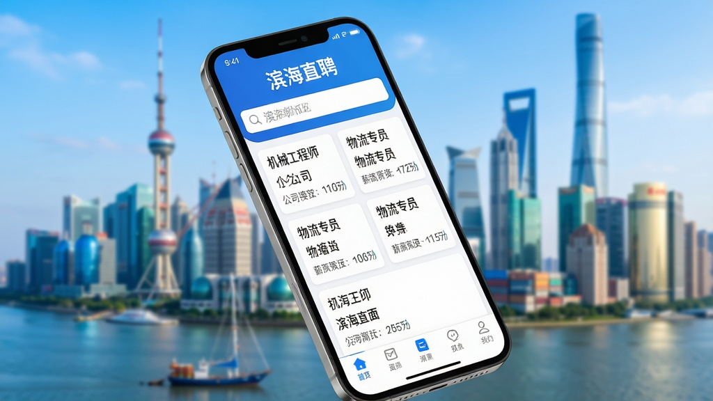 主体:手机屏幕展示“滨海直聘”应用界面,界面风格简洁现代,主色调为蓝色和白色,屏幕上方显示“滨海直聘”字样,下方列出多个职位卡片,如“机械工程师”、“物流专员”等,卡片上有公司名称和薪资范围。布局:手机位于画面中央,略微倾斜,背景为模糊的城市天际线,突出滨海新区的地域特色。排版:界面信息层级清晰,顶部搜索栏,中间为职位列表,底部导航栏。风格:写实风格,色彩鲜艳,光线明亮,细节丰富。画质:高清,干净,无多余元素。