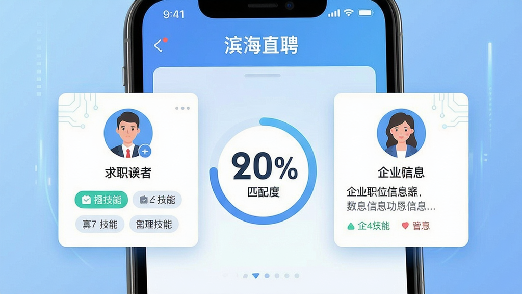 主体:智能手机上“滨海直聘”的智能匹配功能页面,屏幕上展示两个匹配成功的卡片,左侧为求职者头像和技能标签,右侧为企业职位信息,中间有匹配度百分比。布局:手机屏幕特写,背景为柔和的渐变蓝色,突出智能匹配的视觉元素。排版:卡片布局,左右对称,匹配度数字用大号字体显示。风格:科技感,扁平化设计,色彩清新。画质:高清,干净,无多余元素。