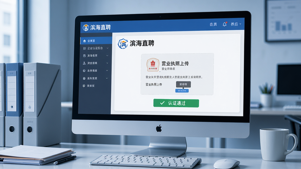 主体:电脑屏幕显示“滨海直聘”企业认证后台界面,有企业LOGO、营业执照上传区域和认证通过状态。布局:电脑屏幕为主,背景为办公桌面,有文件和水杯。排版:界面分区明确,左侧菜单栏,右侧内容展示区。风格:写实商务风,色调偏冷。画质:高清,细节丰富,无多余元素。