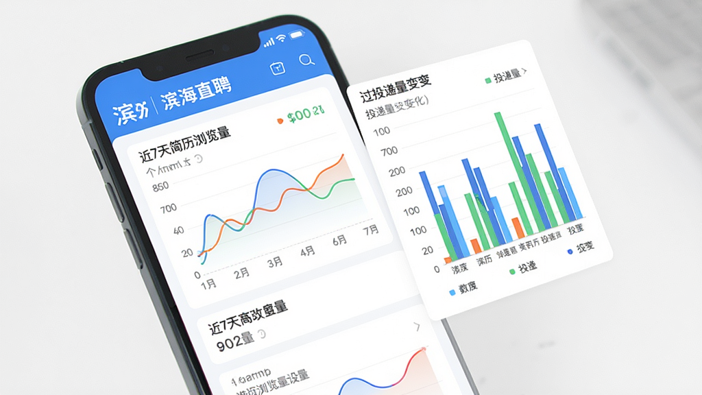 主体:手机屏幕显示“滨海直聘”个人数据统计页面,包含折线图和柱状图,展示近7天简历浏览量和投递量变化。布局:手机竖屏,背景为白色,图表色彩鲜艳。排版:数据卡片排列,图表下方有简单文字说明。风格:数据可视化风格,简洁清晰。画质:高清,无多余元素。