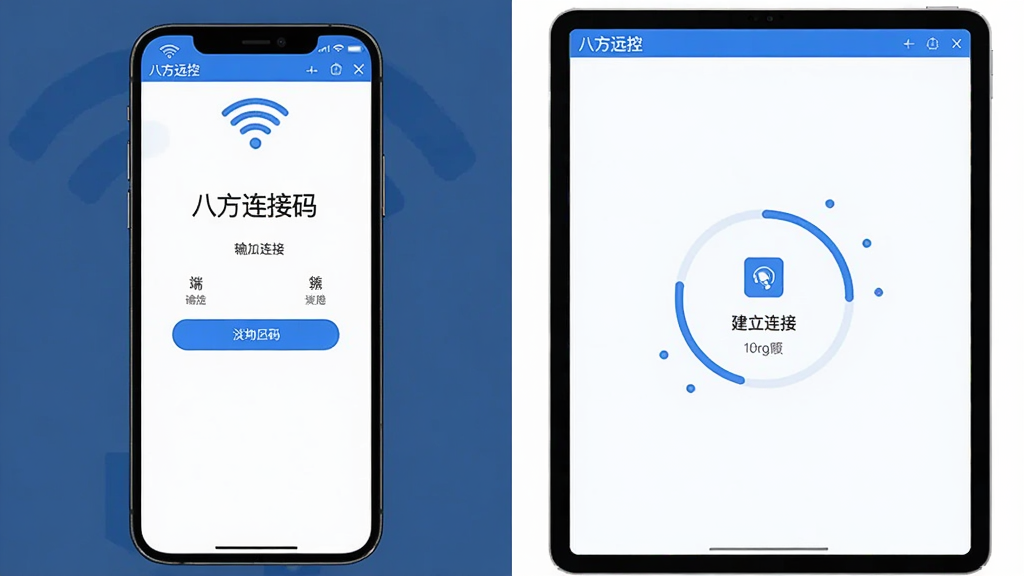 一张分屏对比图,左侧显示手机端输入连接码的界面,右侧显示平板端正在建立连接的进度动画,画面以“八方远控”软件界面为原型,采用扁平化设计风格,主色调为蓝色与白色,布局规整,细节丰富,画质干净